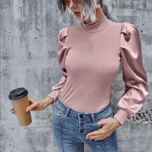 Ribbed satin puff sleeve blouse-Baby blue - Picture 5 of 14